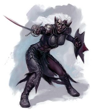 A drow fighter with rapier and shield in a lunging pose