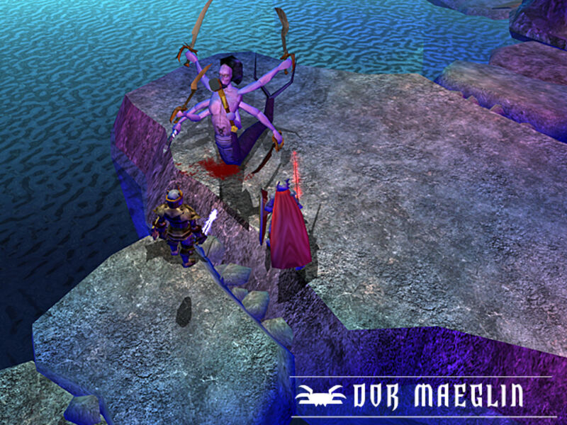 Two adventurers facing a marilith on a rock island